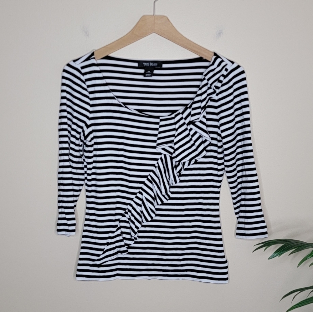 WHBM Black White Silver Striped Top with Angled Ruffle Front Size XS
